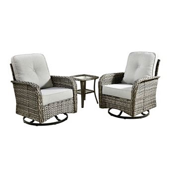 Ovios PE Wicker Patio Rocking Chairs Set, w/ Two 360° Swivel Chairs & Side Table, Ergonomic Design