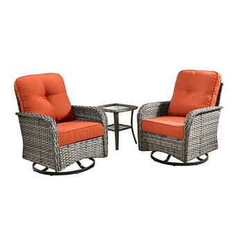 Ovios PE Wicker Patio Rocking Chairs Set, w/ Two 360° Swivel Chairs & Side Table, Ergonomic Design