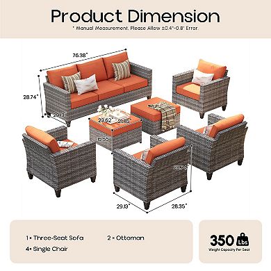 Ovios Outdoor 7-Piece Rattan Sectional Set, Patio Conversation Set w/ Sofa, 2 Ottomans & 4 Chairs