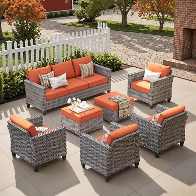 Ovios Outdoor 7-Piece Rattan Sectional Set, Patio Conversation Set w/ Sofa, 2 Ottomans & 4 Chairs