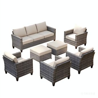 Ovios Outdoor 7 pc Rattan Sectional Set, Patio Conversation Set w/ Sofa, 2 Ottomans & 4 Chairs