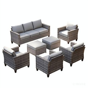 Ovios Outdoor 7 pc Rattan Sectional Set, Patio Conversation Set w/ Sofa, 2 Ottomans & 4 Chairs
