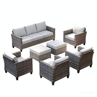 Ovios Outdoor 7 pc Rattan Sectional Set, Patio Conversation Set w/ Sofa, 2 Ottomans & 4 Chairs