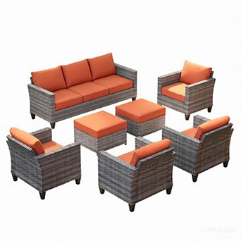 Ovios Outdoor 7 pc Rattan Sectional Set, Patio Conversation Set w/ Sofa, 2 Ottomans & 4 Chairs