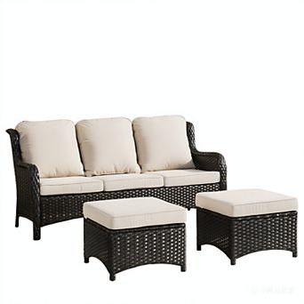 Ovios Patio Gray/Brown Rattan Sofa Set, Outdoor 3-Seater Sofa w/ 2 Ottomans, Wicker Garden Furniture