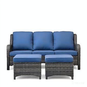 Ovios Patio Gray/Brown Rattan Sofa Set, Outdoor 3-Seater Sofa w/ 2 Ottomans, Wicker Garden Furniture
