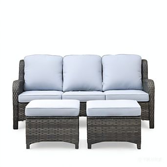 Ovios Patio Gray/Brown Rattan Sofa Set, Outdoor 3-Seater Sofa w/ 2 Ottomans, Wicker Garden Furniture