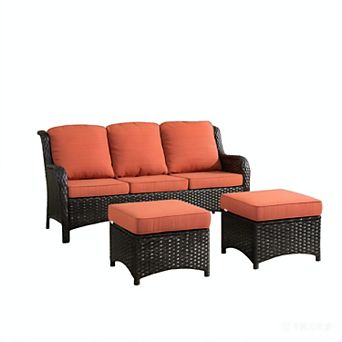 Ovios Patio Gray/Brown Rattan Sofa Set, Outdoor 3-Seater Sofa w/ 2 Ottomans, Wicker Garden Furniture