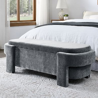 51.5" Oval Storage Bench End, Linen Fabric Upholstered Ottoman Bench, with Large Storage Space