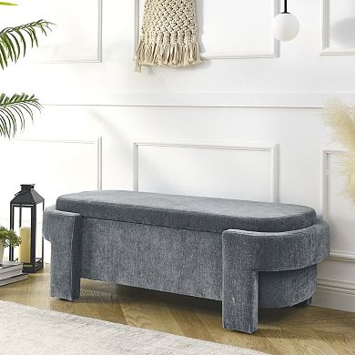 51.5" Oval Storage Bench End, Linen Fabric Upholstered Ottoman Bench, with Large Storage Space