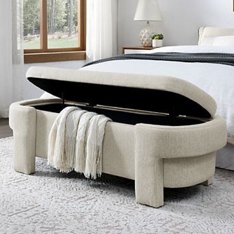 51.5" Oval Storage Bench End, Linen Fabric Upholstered Ottoman Bench, with Large Storage Space