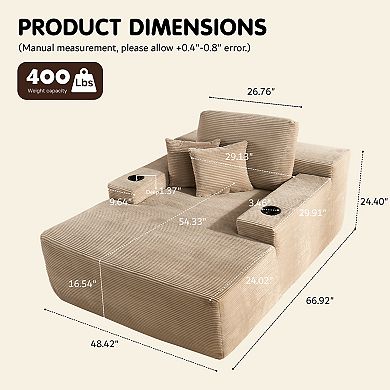 Ovios 67" Oversized Chaise Lounge Indoor w/ Throw Pillows & Cup holders, No Assembly Required