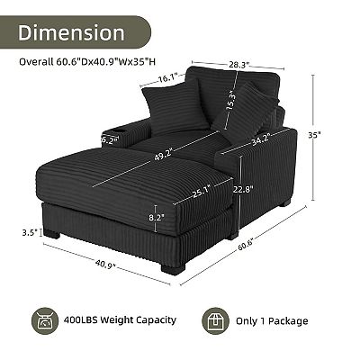 FIRLZY 60" Chaise Lounge Sofa, Adjustable Backrest, USB-C, Cup Holder, 2 Pillows, Deep Seat Sleeper
