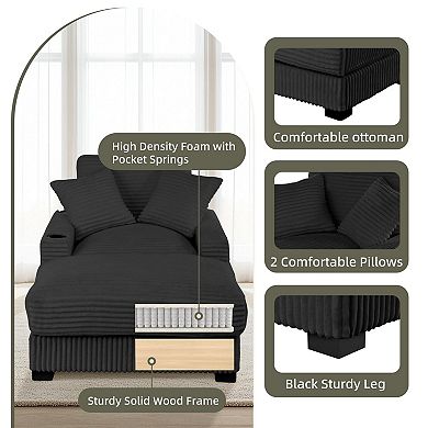 FIRLZY 60" Chaise Lounge Sofa, Adjustable Backrest, USB-C, Cup Holder, 2 Pillows, Deep Seat Sleeper