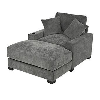 FIRLZY 60" Chaise Lounge Sofa, Adjustable Backrest, USB-C, Cup Holder, 2 Pillows, Deep Seat Sleeper