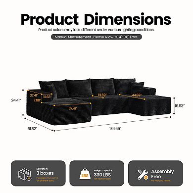 Ovios 134.6" No Assembly Sectional Sofa Set w/ High Density Foam & Comfy Seating, Plush Fabric