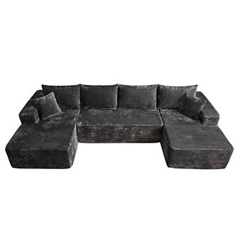 Ovios 134.6" No Assembly Sectional Sofa Set w/ High Density Foam & Comfy Seating, Plush Fabric