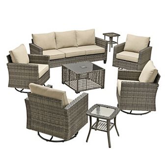 Ovios 8 pc Outdoor Patio Furniture Set w/ 3-Seater Sofa, Lamp Table & 4 Swivel Chairs