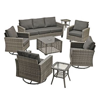 Ovios 8 pc Outdoor Patio Furniture Set w/ 3-Seater Sofa, Lamp Table & 4 Swivel Chairs