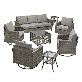 Ovios 8 pc Outdoor Patio Furniture Set w/ 3-Seater Sofa, Lamp Table & 4 Swivel Chairs