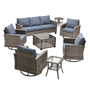 Ovios 8 pc Outdoor Patio Furniture Set w/ 3-Seater Sofa, Lamp Table & 4 Swivel Chairs