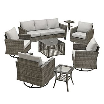 Ovios 8 pc Outdoor Patio Furniture Set w/ 3-Seater Sofa, Lamp Table & 4 Swivel Chairs