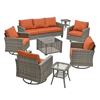 Ovios 8 pc Outdoor Patio Furniture Set w/ 3-Seater Sofa, Lamp Table & 4 Swivel Chairs