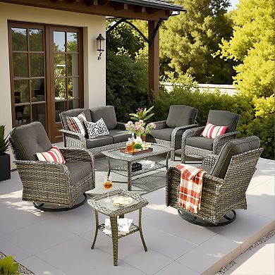 Ovios 7-Piece Patio Sofa Set w/ Loveseat, Swivel Rockers, Side Table, Armchairs & Double-Layer Table