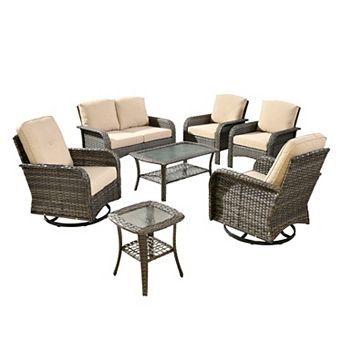 Ovios 7 pc Patio Sofa Set w/ Loveseat, Swivel Rockers, Side Table, Armchairs & Double-Layer Table
