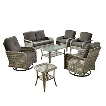 Ovios 7 pc Patio Sofa Set w/ Loveseat, Swivel Rockers, Side Table, Armchairs & Double-Layer Table