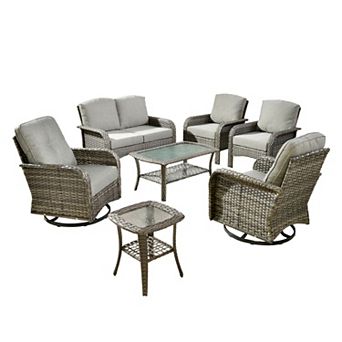 Ovios 7 pc Patio Sofa Set w/ Loveseat, Swivel Rockers, Side Table, Armchairs & Double-Layer Table