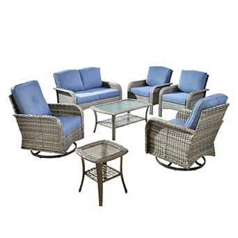 Ovios 7 pc Patio Sofa Set w/ Loveseat, Swivel Rockers, Side Table, Armchairs & Double-Layer Table