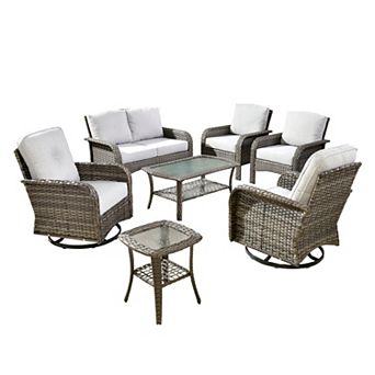 Ovios 7 pc Patio Sofa Set w/ Loveseat, Swivel Rockers, Side Table, Armchairs & Double-Layer Table