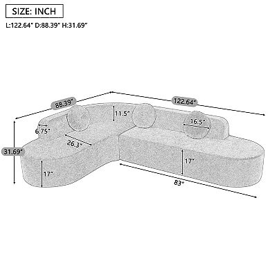 122'' Extra Large Sectional Sofa, Elegant Curved Fabric Couch with 3 Round Cushions, Soft Foam