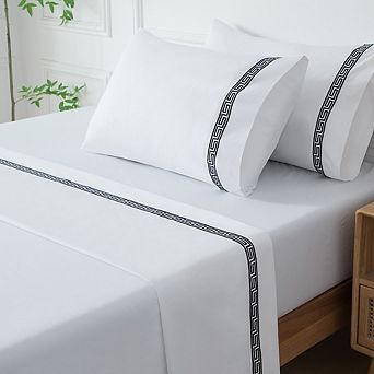 Greek Key Embroidered Cotton Sheet Set 4 pc Bedding with Deep Pocket Fitted Sheet