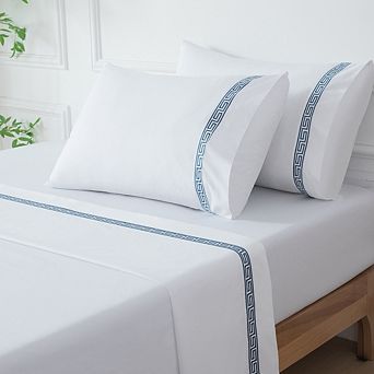 Greek Key Embroidered Cotton Sheet Set 4 pc Bedding with Deep Pocket Fitted Sheet