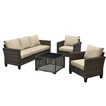 Ovios 4 pc Outdoor Sofa Set w/ 3-Seater Sofa, 2 Single Chairs & LED Coffee Table, Gray PE Rattan