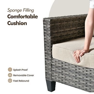 Ovios 4-Piece Outdoor Sofa Set w/ 3-Seater Sofa, 2 Single Chairs & LED Coffee Table, Gray PE Rattan