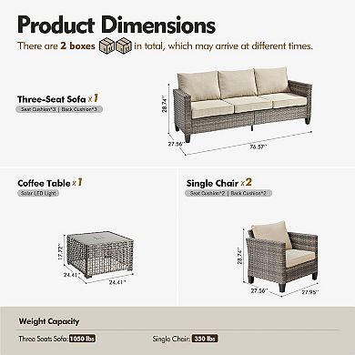 Ovios 4-Piece Outdoor Sofa Set w/ 3-Seater Sofa, 2 Single Chairs & LED Coffee Table, Gray PE Rattan