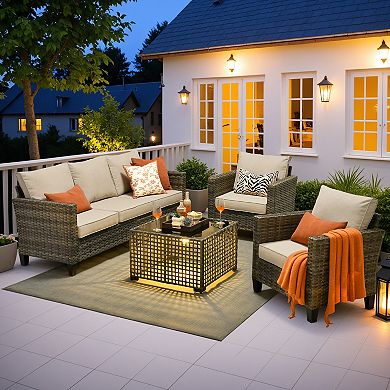 Ovios 4-Piece Outdoor Sofa Set w/ 3-Seater Sofa, 2 Single Chairs & LED Coffee Table, Gray PE Rattan