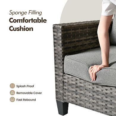 Ovios 4-Piece Outdoor Sofa Set w/ 3-Seater Sofa, 2 Single Chairs & LED Coffee Table, Gray PE Rattan
