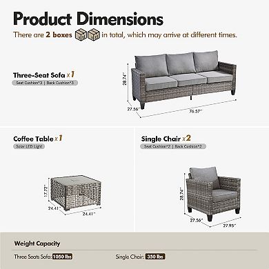 Ovios 4-Piece Outdoor Sofa Set w/ 3-Seater Sofa, 2 Single Chairs & LED Coffee Table, Gray PE Rattan