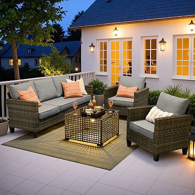 Ovios 4-Piece Outdoor Sofa Set w/ 3-Seater Sofa, 2 Single Chairs & LED Coffee Table, Gray PE Rattan