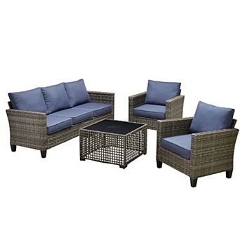 Ovios 4 pc Outdoor Sofa Set w/ 3-Seater Sofa, 2 Single Chairs & LED Coffee Table, Gray PE Rattan