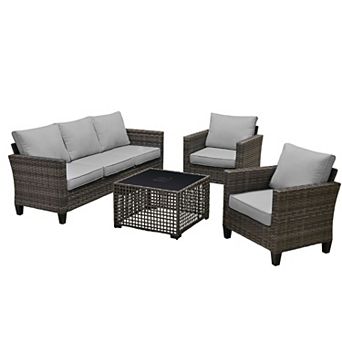 Ovios 4 pc Outdoor Sofa Set w/ 3-Seater Sofa, 2 Single Chairs & LED Coffee Table, Gray PE Rattan