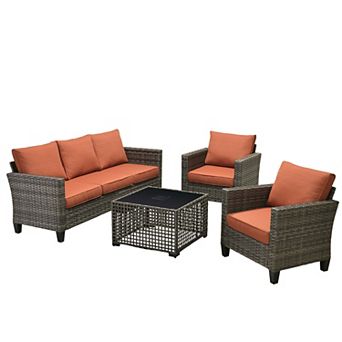 Ovios 4 pc Outdoor Sofa Set w/ 3-Seater Sofa, 2 Single Chairs & LED Coffee Table, Gray PE Rattan