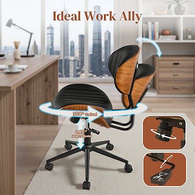 Ovios Contemporary Curved Wood Home Office Chair w/ Adjustable Height, 360° Swivel & Space-Saving
