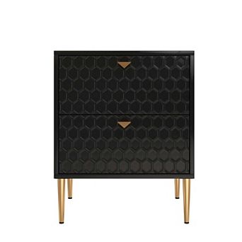 2-Drawer Nightstand Accent Storage Cabinet with Gold Legs and Smooth Glide Drawers