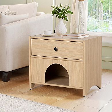 Storage Cabinet with Drawer Pet Friendly Side Table with Open Shelf Mid Century