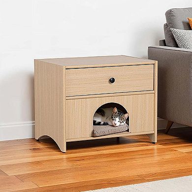 Storage Cabinet with Drawer Pet Friendly Side Table with Open Shelf Mid Century